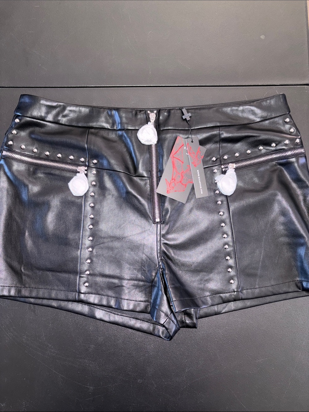 #KS398 -NWT - Killstar Black Faux Leather High-Waist Studded Shorts- 3XL